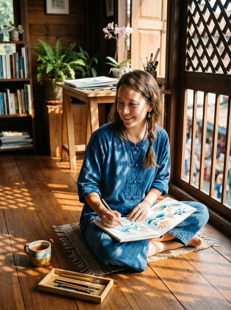 Portrait of a Thai illustrator at work in a Chiang Mai studio