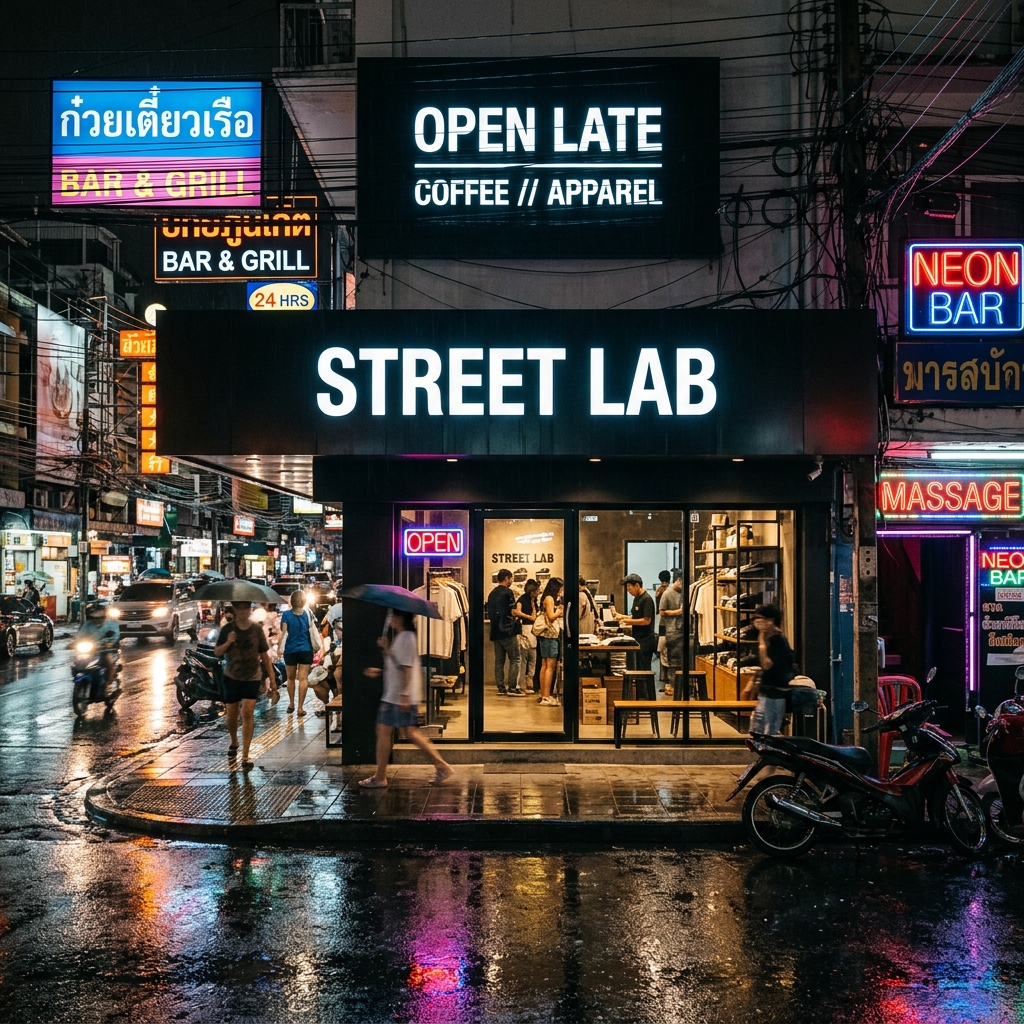 Thai font specimen displayed on a Bangkok street shopfront at night