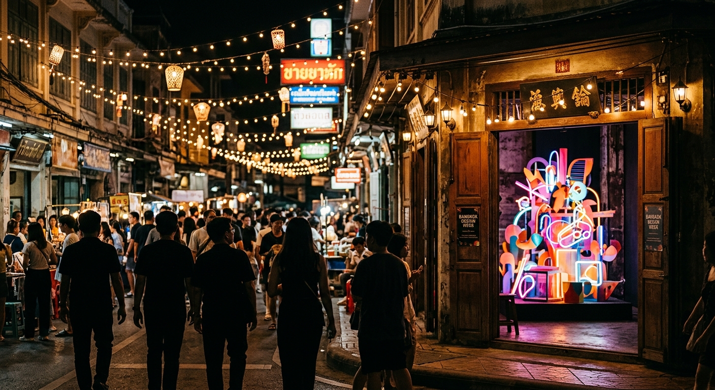 Bangkok Design Week night street scene with installation art