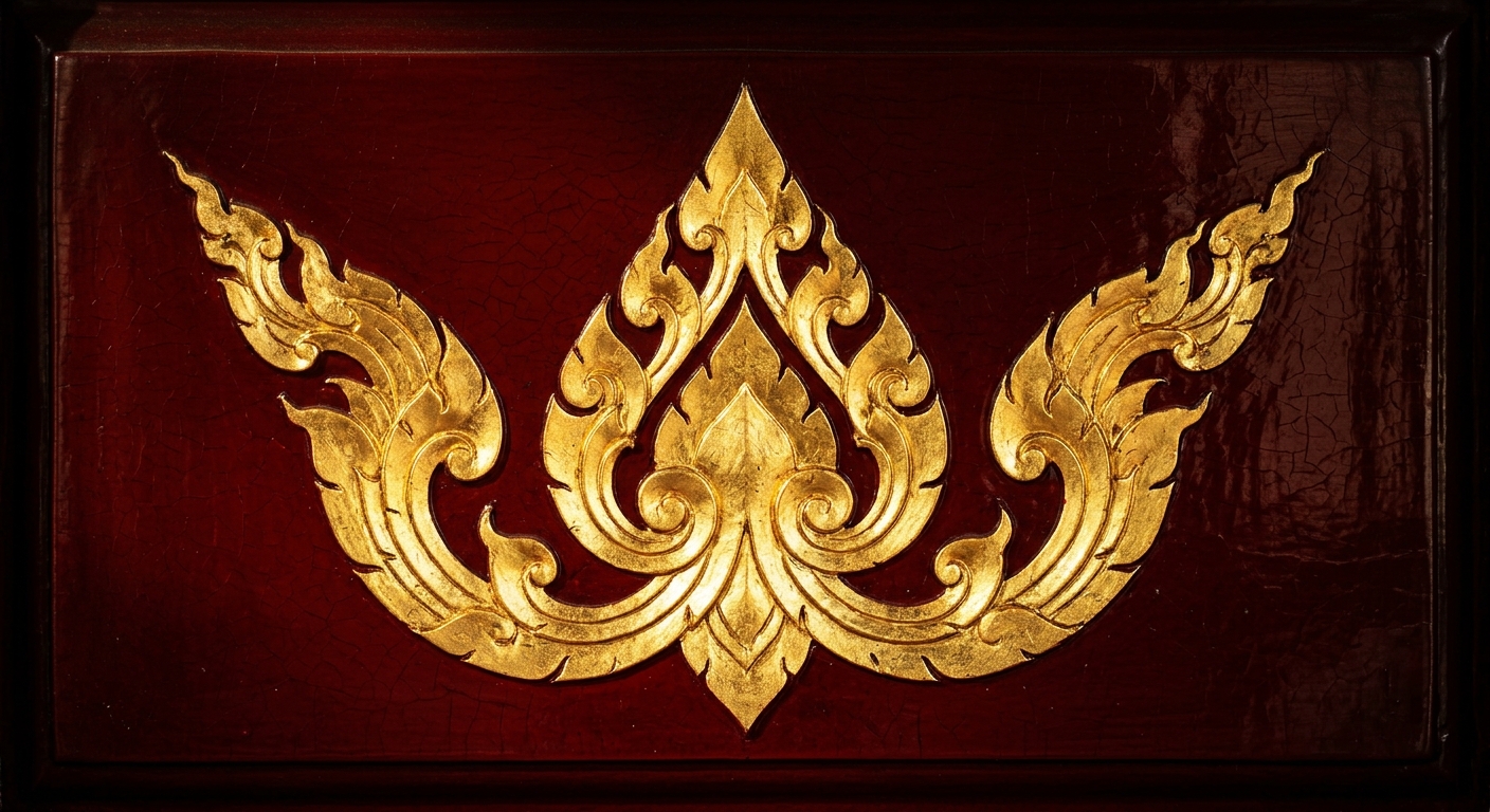 Lai Kanok gold-leaf flame motif on deep red lacquer