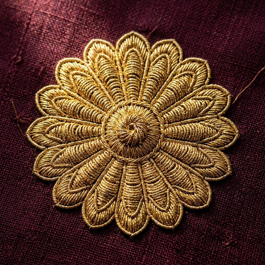Sixteen-petal Pra Jum Yam gold embroidered rosette on burgundy silk